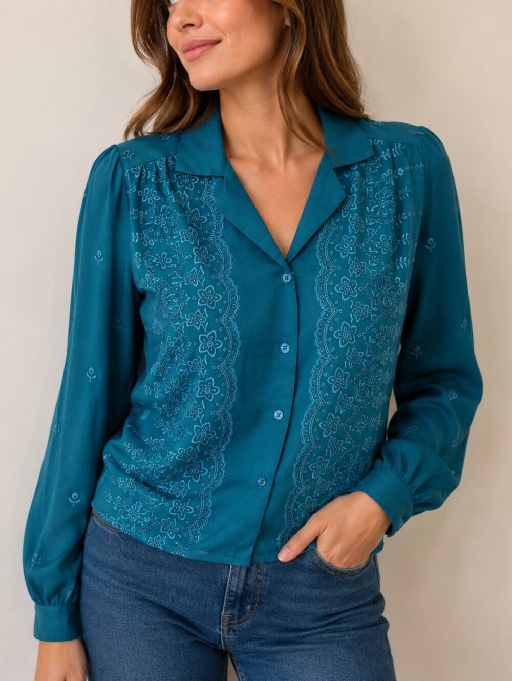 Vtg LA BONNE 1970s Teal Floral Eyelet Button Down Shirt